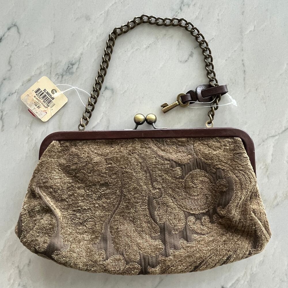 Fossil Blakely Frame Clutch Patchwork Leather Kiss Lock Bag Purse NWT - Picture 2 of 15